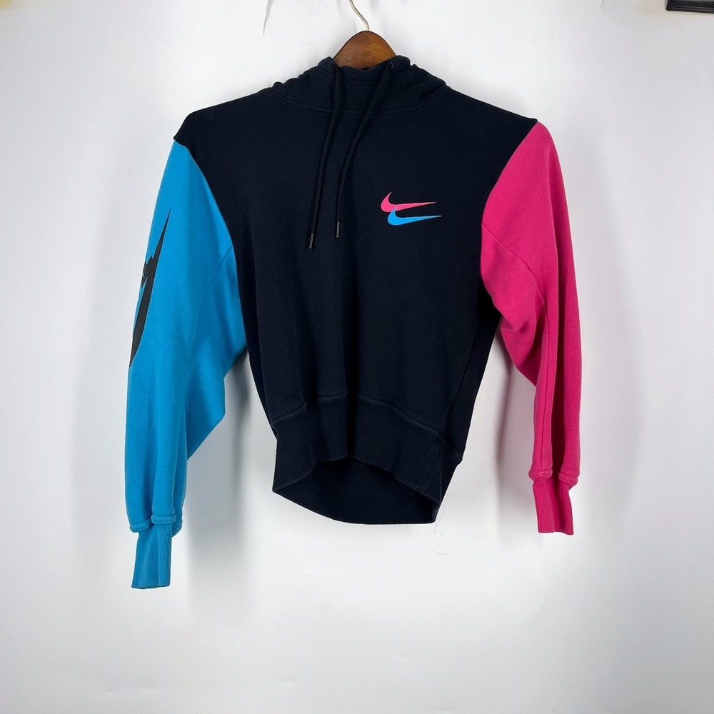 Nike‎ Womens Colorblock Double Swoosh Hoodie Black Pink Blue XS CU5676-010
